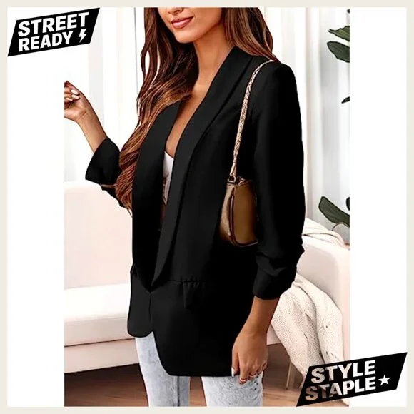 Oversized Blazer Open Front Shawl Collar Business Casual Polyester Jacket - Picture 6 of 7